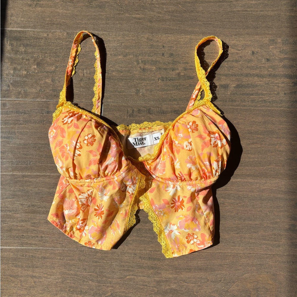 Tiger Mist Yellow and Orange Floral Lace Bralette Top
